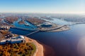 Stadium St. Petersburg. Zenit-Arena. Gulf of Finland. Coastline. Clear autumn day. Blue sky. Pedestrian bridge. Highway