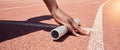 Stadium start track, athlete hands and relay ready for runner competition, sports race and fitness exercise. Marathon Royalty Free Stock Photo