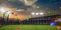 Stadium sunset Confetti and tinsel with people fans. 3d render illustration cloudy Royalty Free Stock Photo