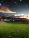 Stadium sunset Confetti and tinsel with people fans. 3d render illustration cloudy Royalty Free Stock Photo