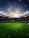 Stadium sunset Confetti and tinsel with people fans. 3d render illustration cloudy Royalty Free Stock Photo