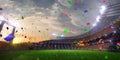 Stadium sunset Confetti and tinsel with people fans. 3d render illustration cloudy Royalty Free Stock Photo