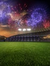 Stadium sunset with people fans. 3d render illustration cloudy sky