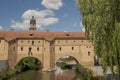 Stadtbrille, Wassertor und Wahrzeichen von Amberg in der Oberpfalz, Bayern, Sonne, blauer Himmel Royalty Free Stock Photo