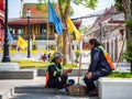 Staff cleaning,Sitting and resting,In Temple,Bangkok,Thailand