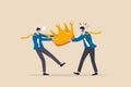 Staff conflict or employee argument, fighting for job promotion or jealousy colleague concept, angry coworker fighting by pulling