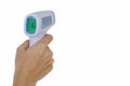 Staff hand hold non contact infrared thermometer on pure isolated white background with copy space. Concept of protect Covid flu.