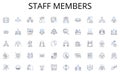 Staff members line icons collection. Strategy, Analysis, Budget, Timeline, Marketing, Competitors, Sales vector and