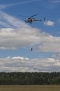 Staff of Ministry of Emergency Situations Performing Air Elements on MI-2 Helicopter During Aviation Sport Event Royalty Free Stock Photo