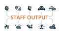 Staff Output icon set. Monochrome simple Staff Output icon collection. Inspiration, Routine, Genius, Positive Emotion