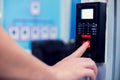 Staff push down electronic control machine with finger scan to access the door of control room or data center