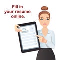 HR manager hires a Professional for the position, holding tablet with online form CV.