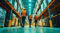 Staff in reflective vests walking in a warehouse. Back view Royalty Free Stock Photo