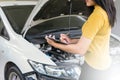Staff woman are checking cars. To check the distance Royalty Free Stock Photo