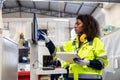 staff woman worker work operate cutting machine. Lathe CNC engineer. modern factory working woman. smart women worker industry Royalty Free Stock Photo