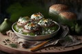 Staffed Mushrooms with fresh dill, cheese and sour cream. Generative AI