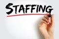 Staffing - process of finding the right worker with appropriate qualifications and recruiting them to fill a job position, text Royalty Free Stock Photo