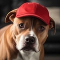 Staffordshire Terrier, Pit Bull Terrier, brown and white dog stands wearing a red hat on its head. Royalty Free Stock Photo