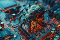 A stag beetle sitting on computer hardware, close-up view.Computer attack concept