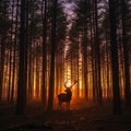 A stag (Cervus elaphus) stands silhouetted in a dense forest at sunset. Tall pine trees Royalty Free Stock Photo