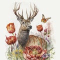 Stag with Flowers and Butterfly Illustration