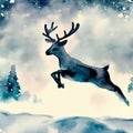 stag jumping through a snowy landscape