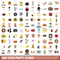 100 stag party icons set, flat style