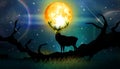 A stag stands among the meadows behind a beautiful full moon, night fantasy digital art background