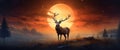 A stag stands in the middle of the field behind the full moon with, a night fantasy