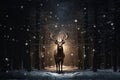 A stag walking on a path in a dark wood illuminated by moon