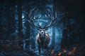 A stag walking on a path in a dark wood illuminated by moon