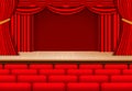 Realistic theater wooden stage with lights and red curtain..