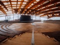 Stage area of a small city concert hall made from wood, stone and metal material. Nobody. Mist in the background. Modern design Royalty Free Stock Photo