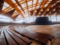 Stage area of a small city concert hall made from wood, stone and metal material. Nobody. Mist in the background. Modern design Royalty Free Stock Photo