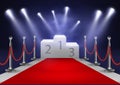 Stage for awards ceremony. White podium with red carpet. Pedestal. Scene. Spotlight. 3D. Vector illustration.
