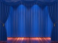 Stage with blue curtains and spotlight.