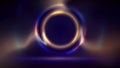 Stage. Blue golden purple circular lighting background. Shining light ring. Glowing gold circle. Stage backdrop. Background for