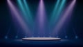 Stage, blue pink purple spotlights, podium. Background, backdrop for displaying products. Blue pink stage spotlight on dark Royalty Free Stock Photo