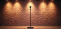 Stage with brick wall, wood floor features microphone. Spotlight illuminates scene. Auditorium ready for performance like standup Royalty Free Stock Photo