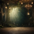 A stage with a chandelier and flowers in a forest abstract background generative ai