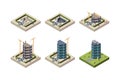 Stage construction isometric. High modern building skyscraper architecture vector techniques pictures