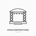 Stage constructions flat line icon. Scene, event equipment rental sign. Thin linear logo for concert, music festival