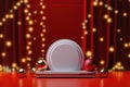 Stage with curtains and spotlights. Red podium christmas light decoration.