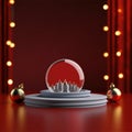 Stage with curtains and spotlights. Red podium christmas light decoration.