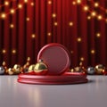 Stage with curtains and spotlights. Red podium christmas light decoration.