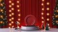 Stage with curtains and spotlights. Red podium christmas light decoration.