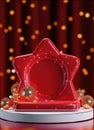 Stage with curtains and spotlights. Red podium christmas light decoration.