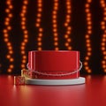 Stage with curtains and spotlights. Red podium christmas light decoration.