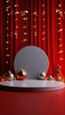 Stage with curtains and spotlights. Red podium christmas light decoration.