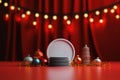 Stage with curtains and spotlights. Red podium christmas light decoration.